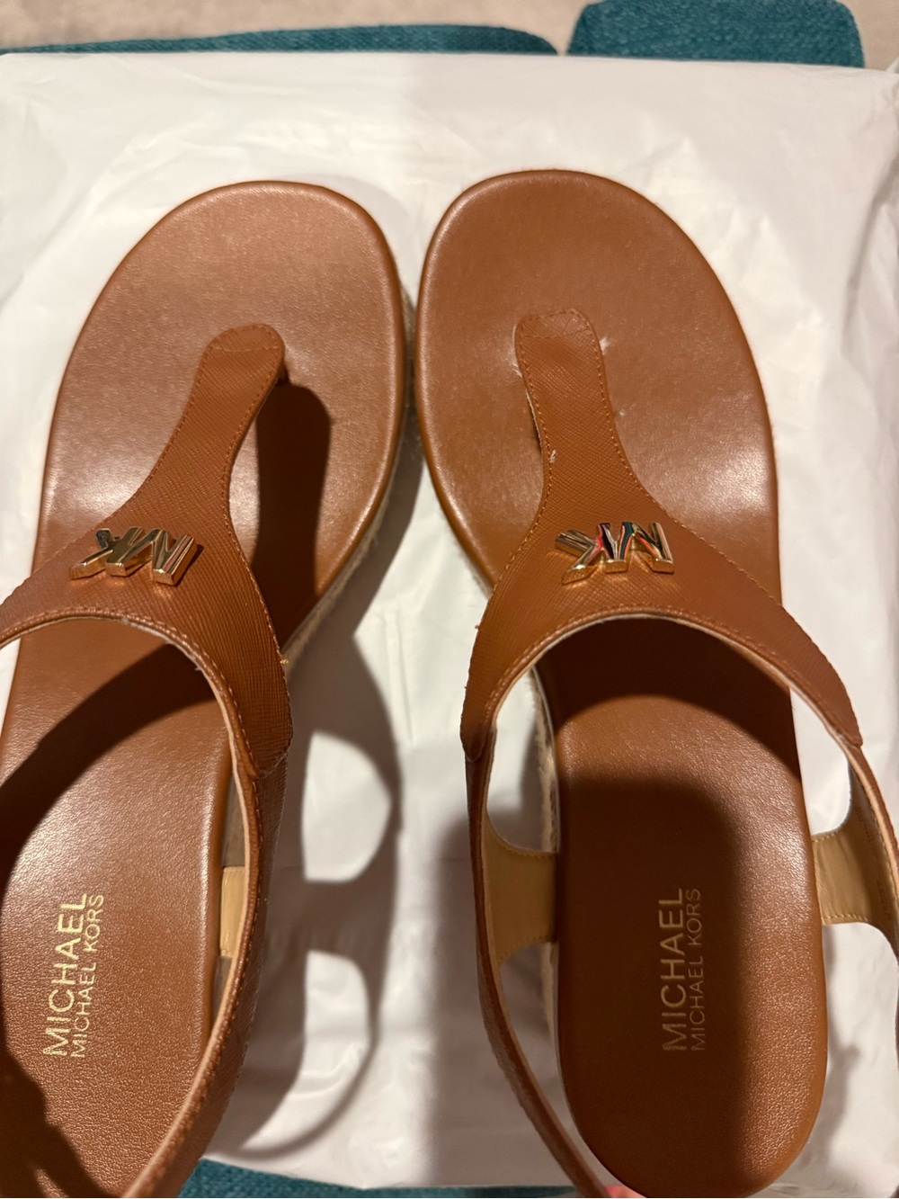 Michael Kors Faux Leather Laney T-Strap Sandals with Gold MK Accent jute wedge.